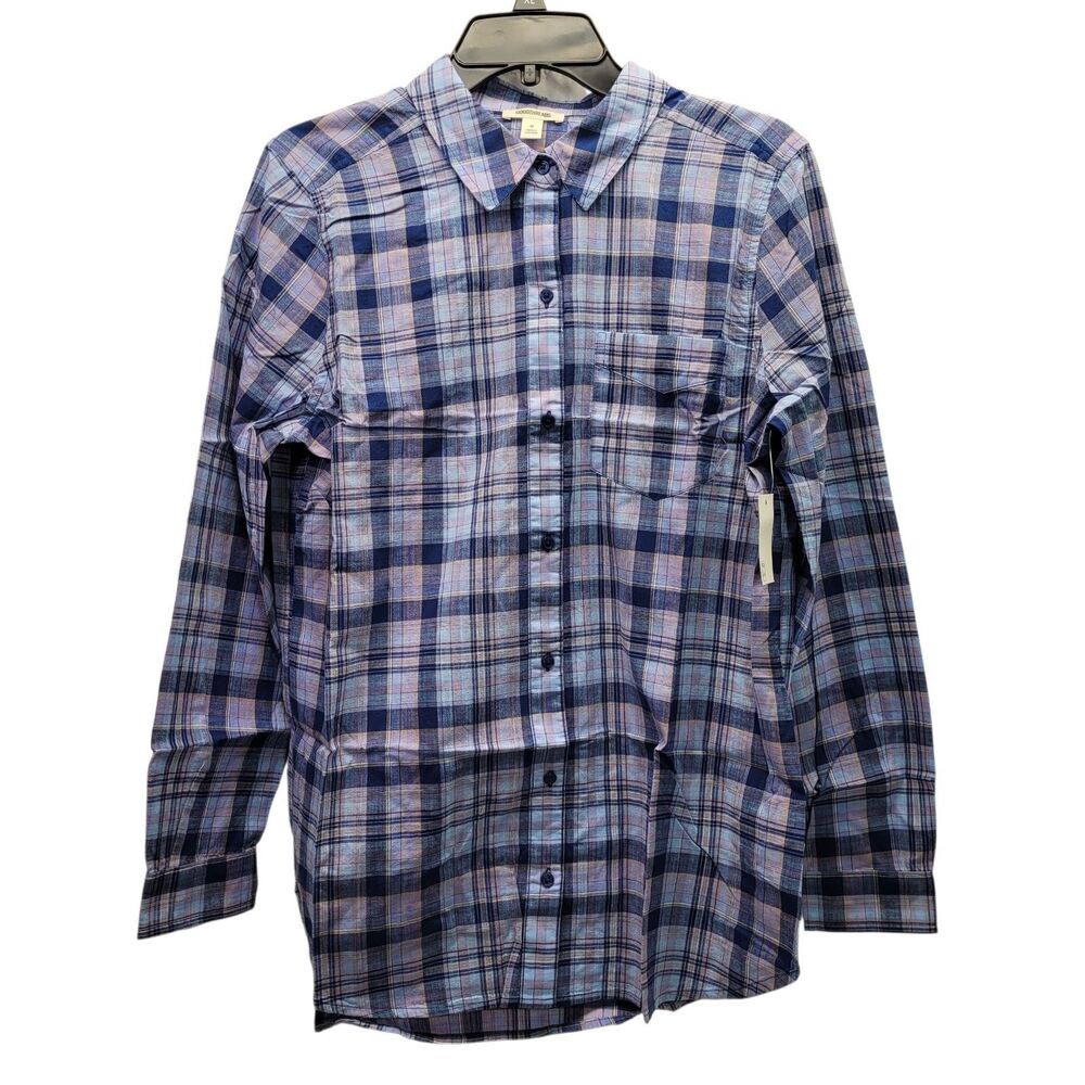 Goodthreads Women's Plaid Washed  Button-UpShirt Blue Long Sleeve Size Medium